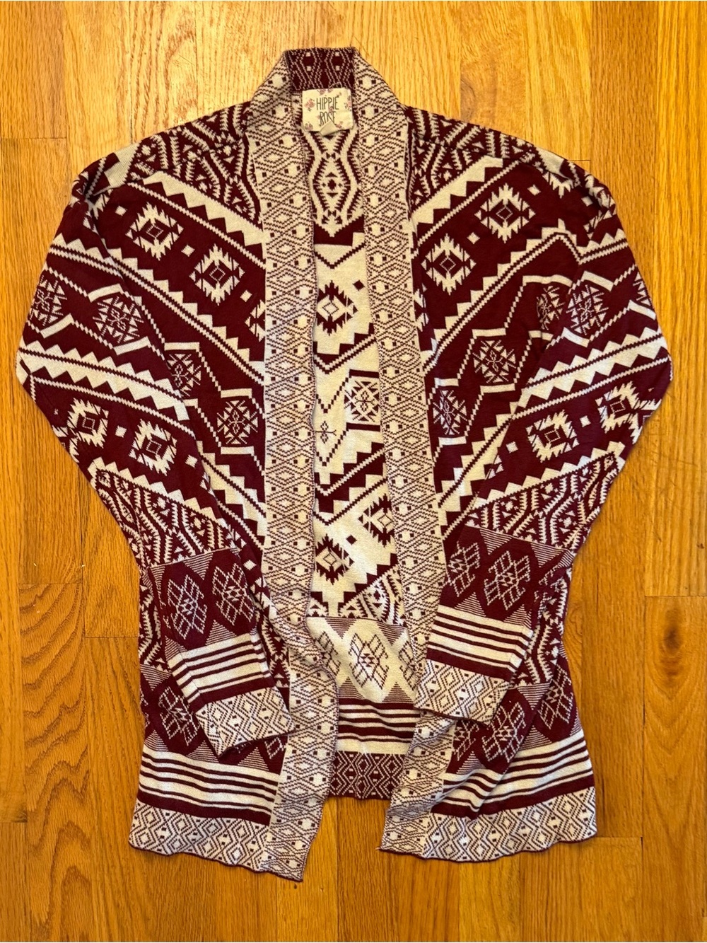 Hippie Rose Burgundy and Cream Geometric Open-Front Cardigan